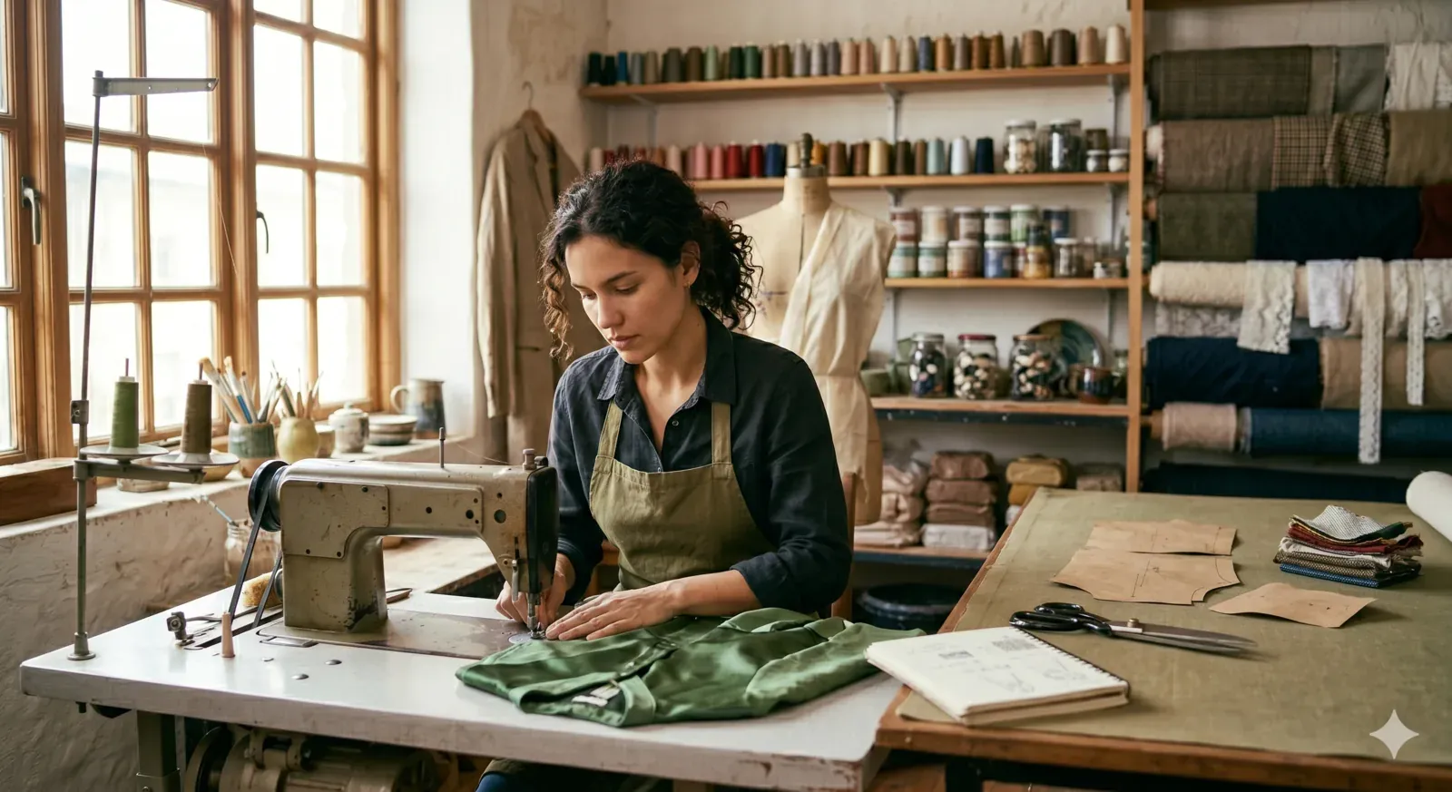 Couturière à sa machine dans son atelier textile
