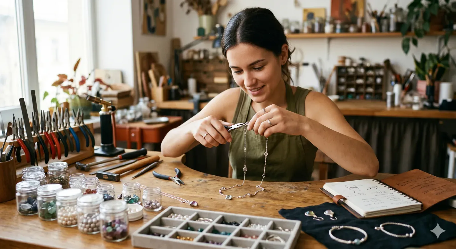 Créatrice de bijoux artisanaux à son établi