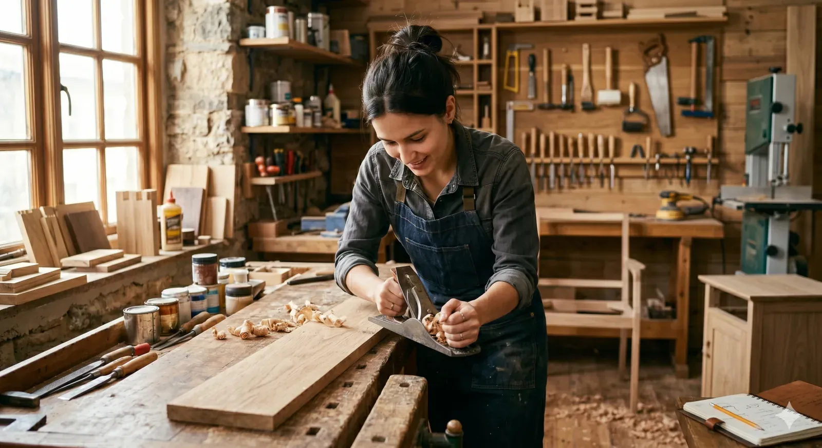 Atelier d'ébéniste avec mobilier en bois