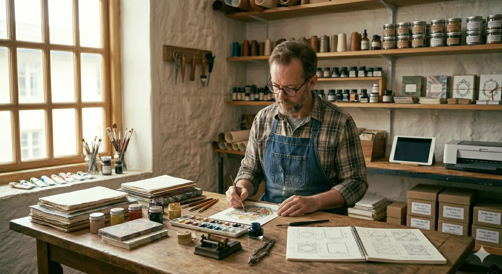 Illustratrice dessinant à son bureau