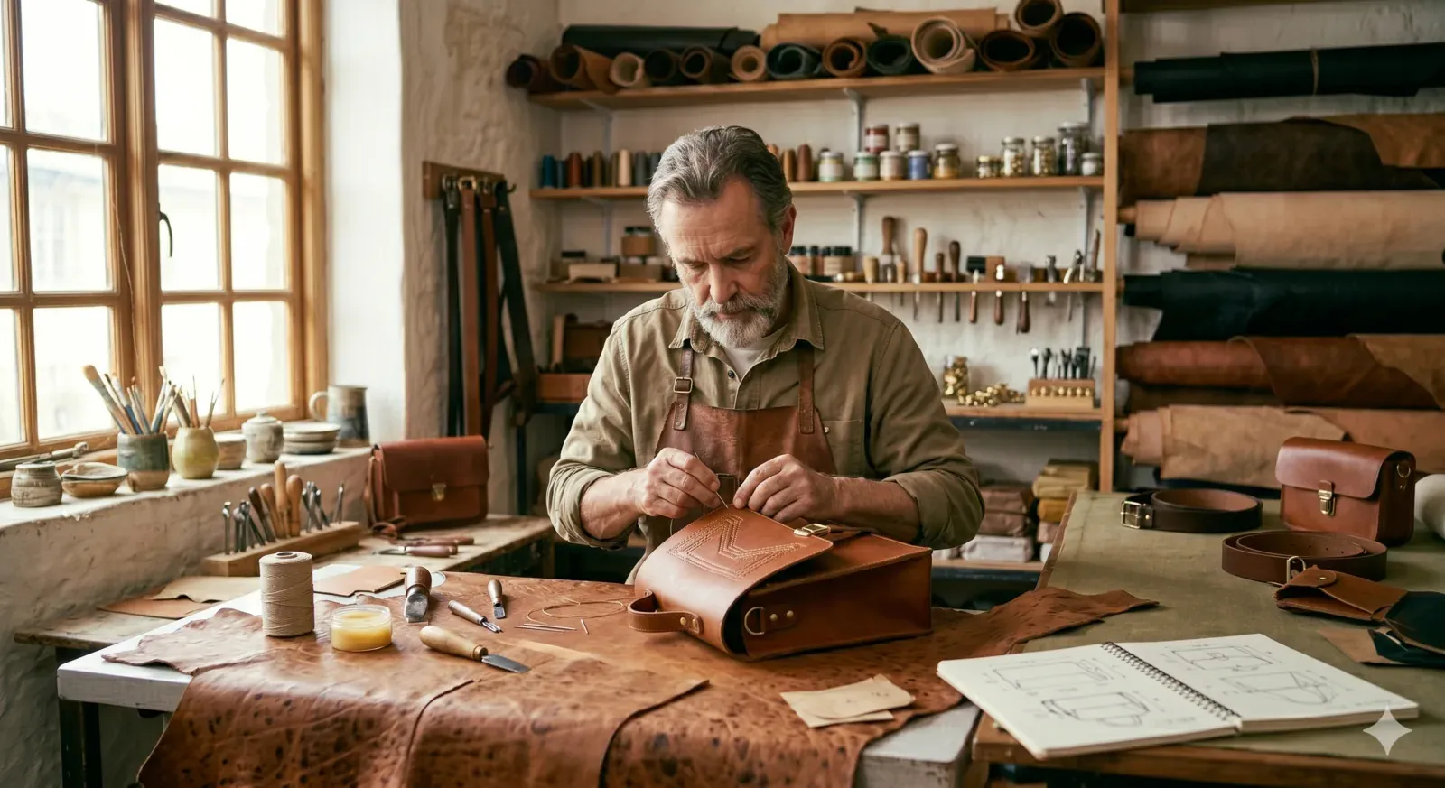 Maroquinier travaillant le cuir à la main